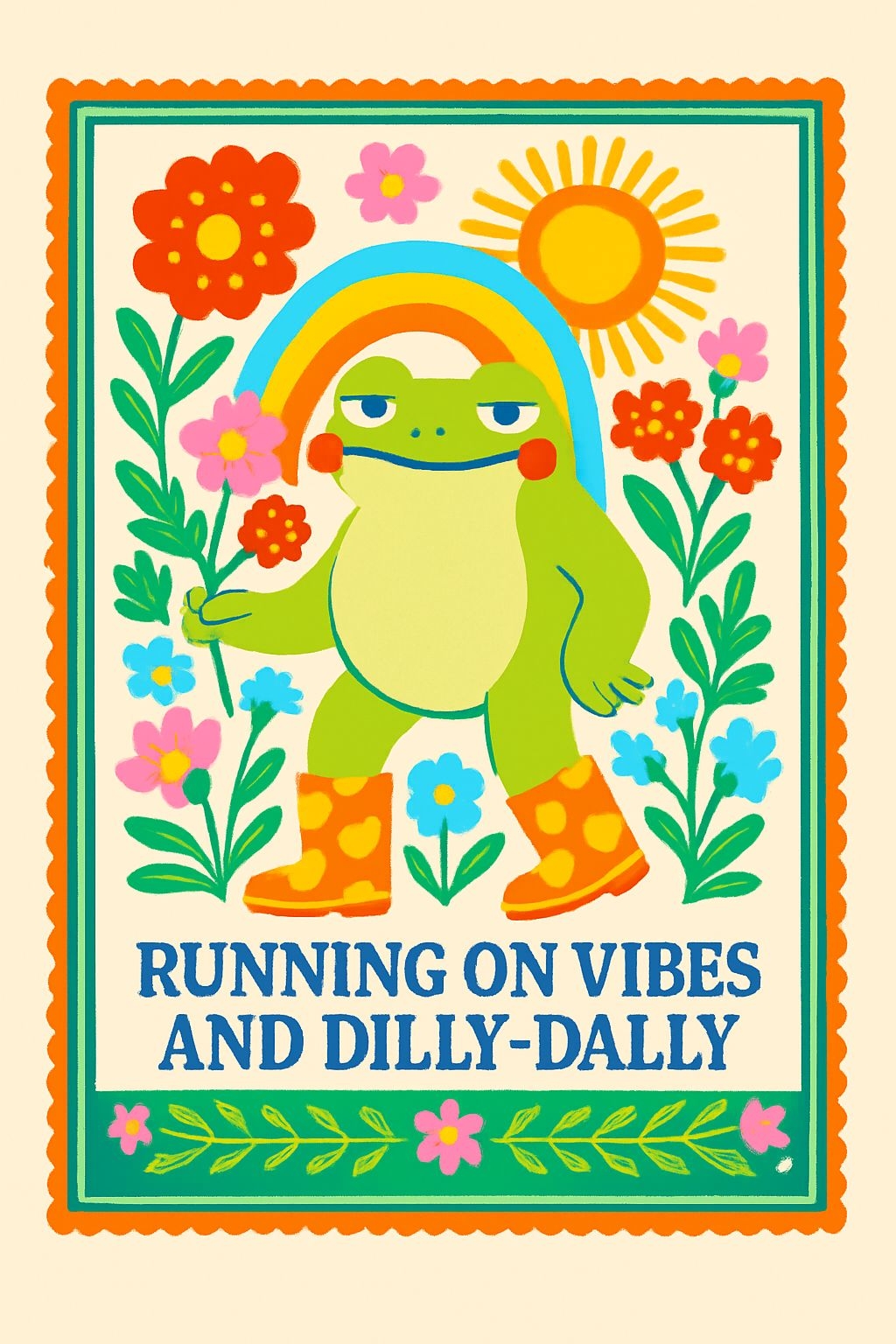 Cheerful Cartoon Frog Surrounded by Flowers and Rainbow Poster