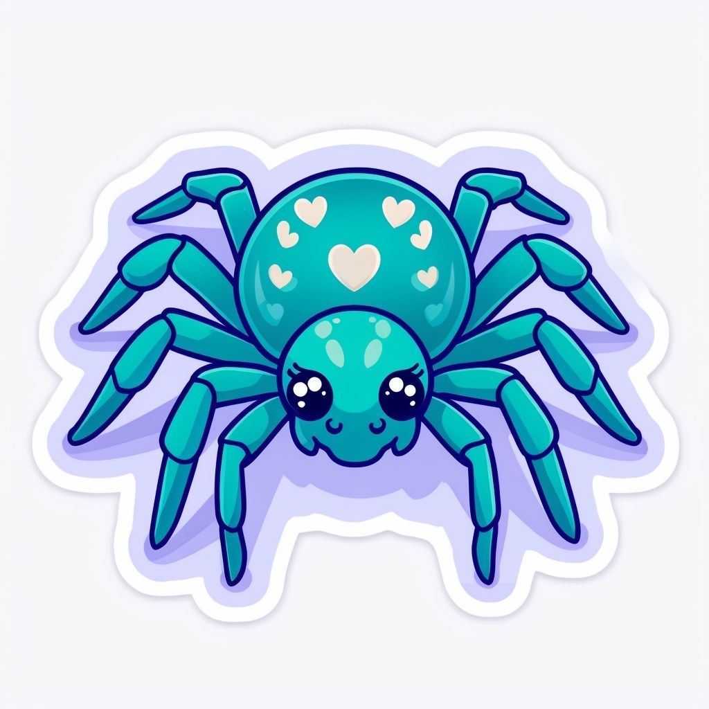 Adorable Teal Cartoon Spider Illustration with Heart Patterns Sticker