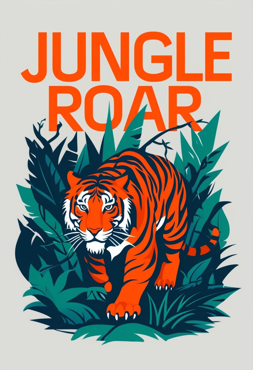 Vibrant Jungle Roar Crouching Tiger Illustration Poster