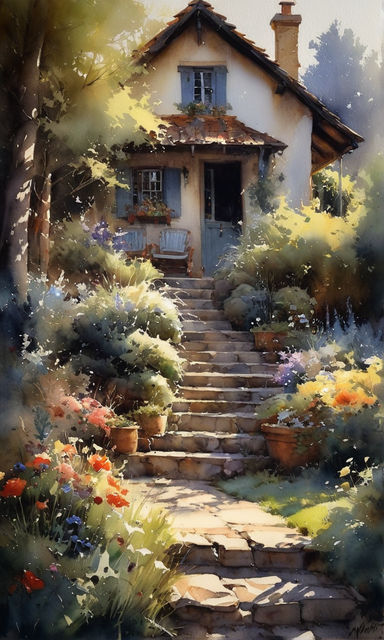 Detailed watercolor painting cottage by Serlion - Playground