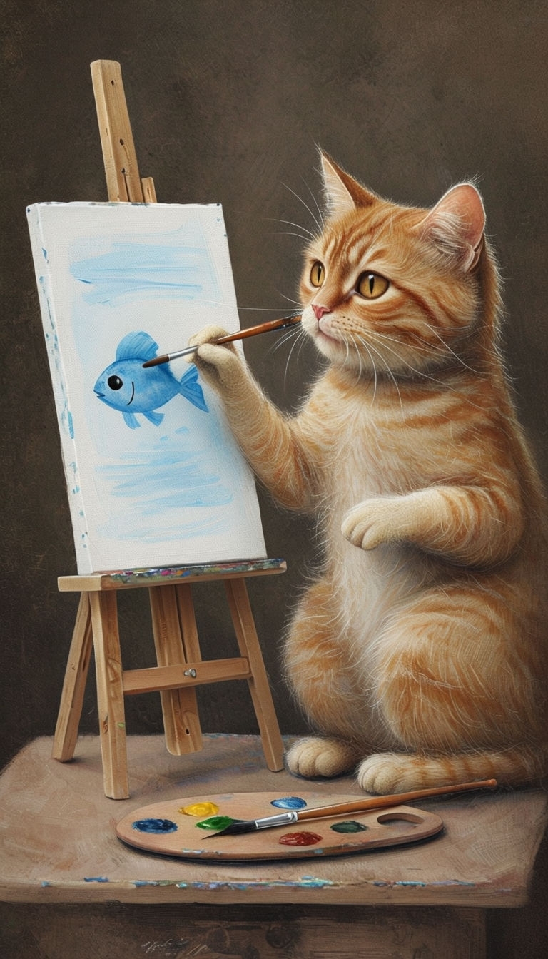 Whimsical Ginger Tabby Cat Painting on Canvas Art