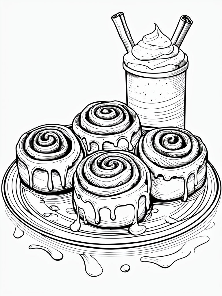 Intricate Black and White Cinnamon Rolls Coloring Book Page