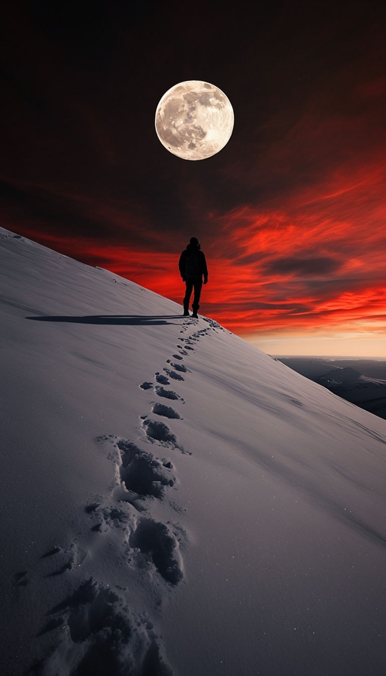 Solitary Figure on Snowy Slope with Vibrant Red Sky Mobile Wallpaper