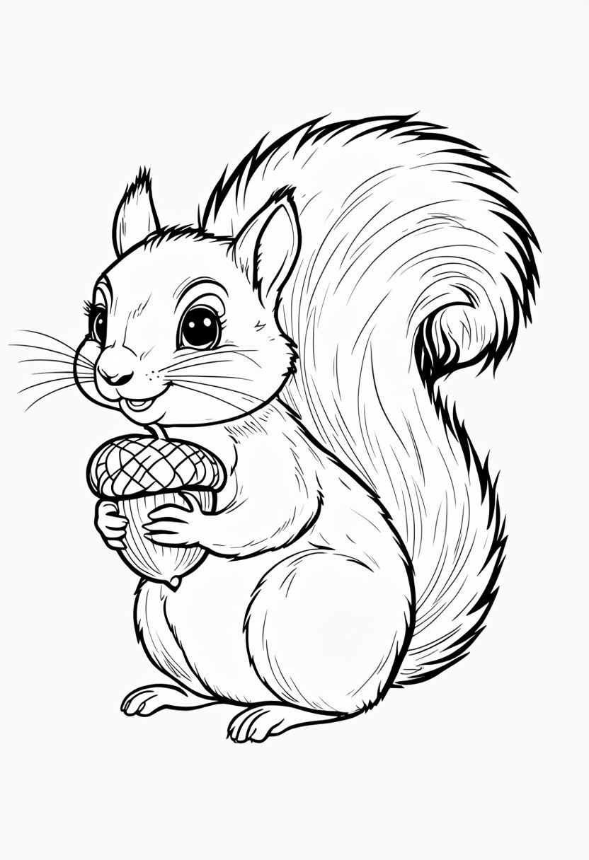 Cute Cartoon Squirrel Holding Acorn Illustration Coloring Book Pages