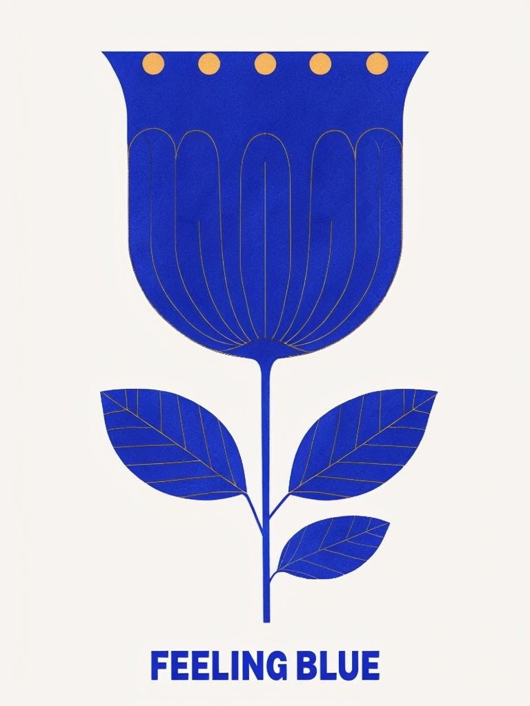 Stylized Royal Blue Flower with Bold 'Feeling Blue' Text Poster