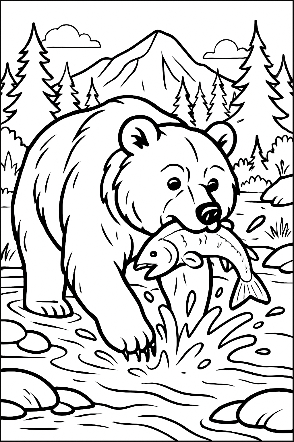 Muscular Bear Catching Fish in Stream Line Drawing Coloring Book Pages