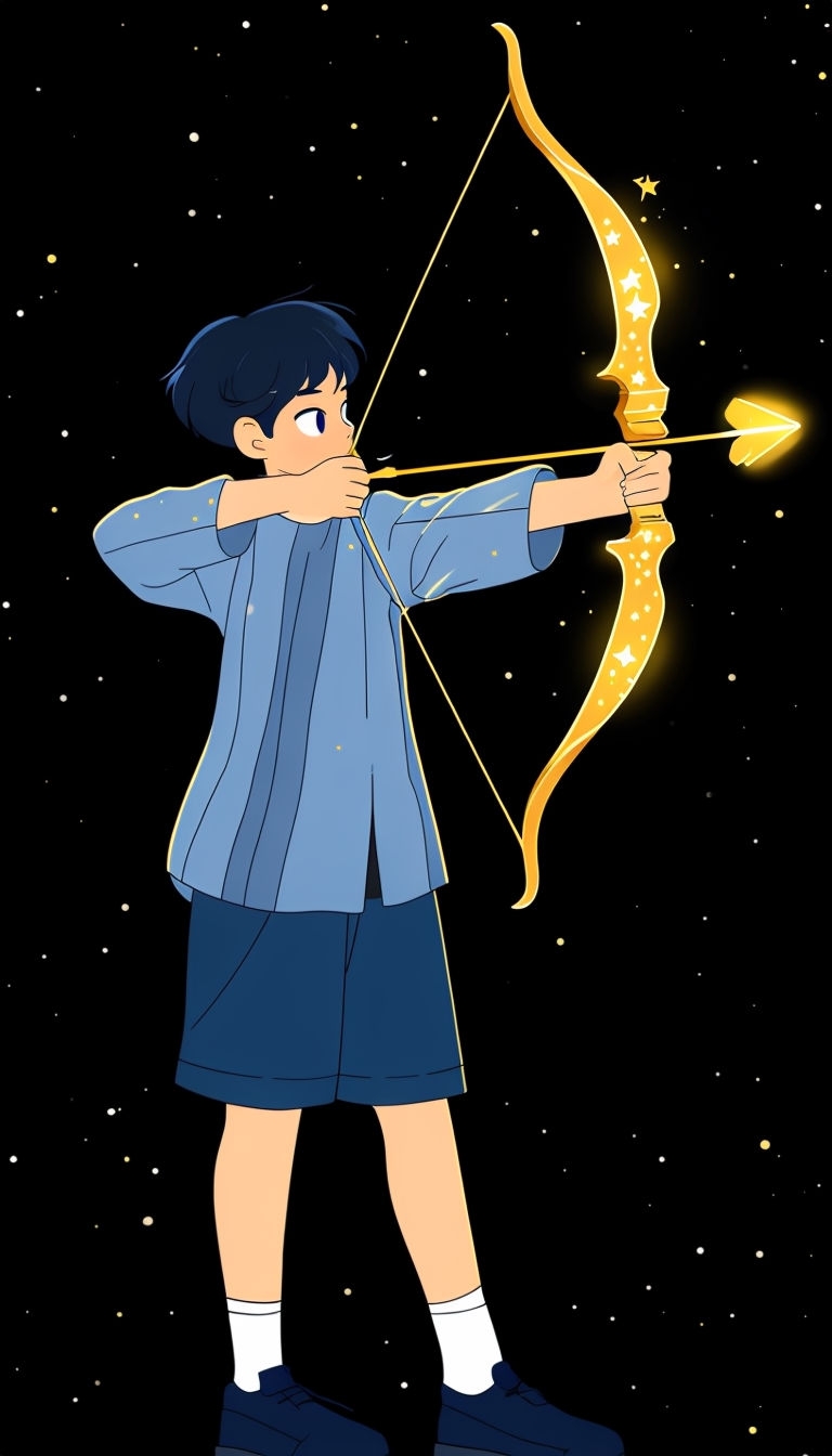 Young Archer Aiming Golden Bow Under Starry Night Sky Mobile Wallpaper