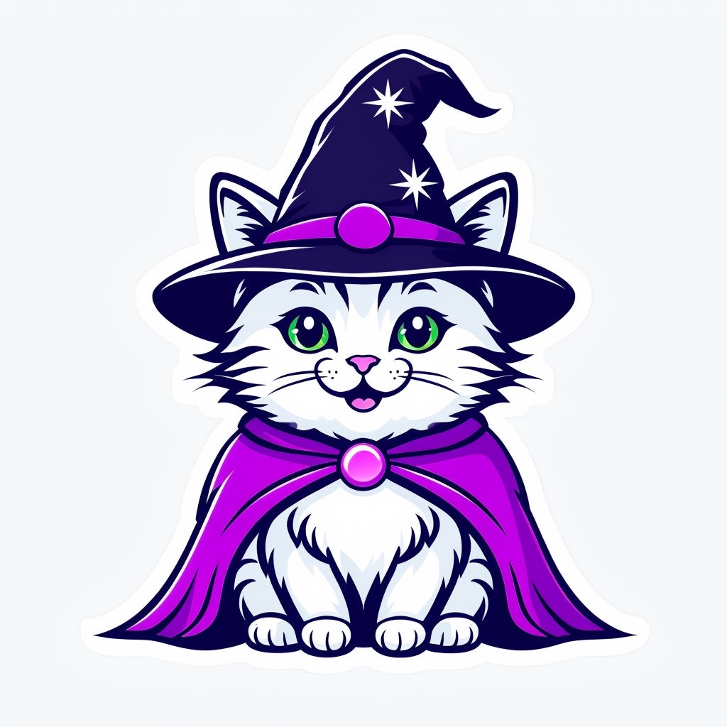 Charming Cartoon Wizard Cat Illustration for Fun Sticker