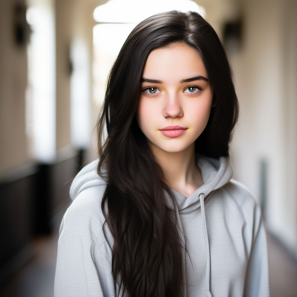 Beautiful 17 year old teen woman black straight hair bright Blue eyes Pale  Skin Long Black Hair Pale skin Cinematic Film Still Teen Woman