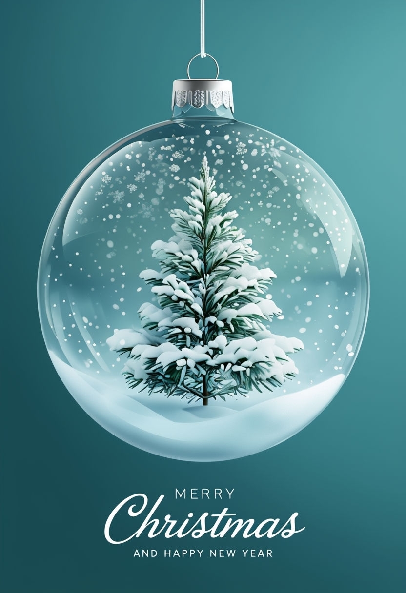 Serene Christmas Ornament with Snowy Tree Digital Card Design