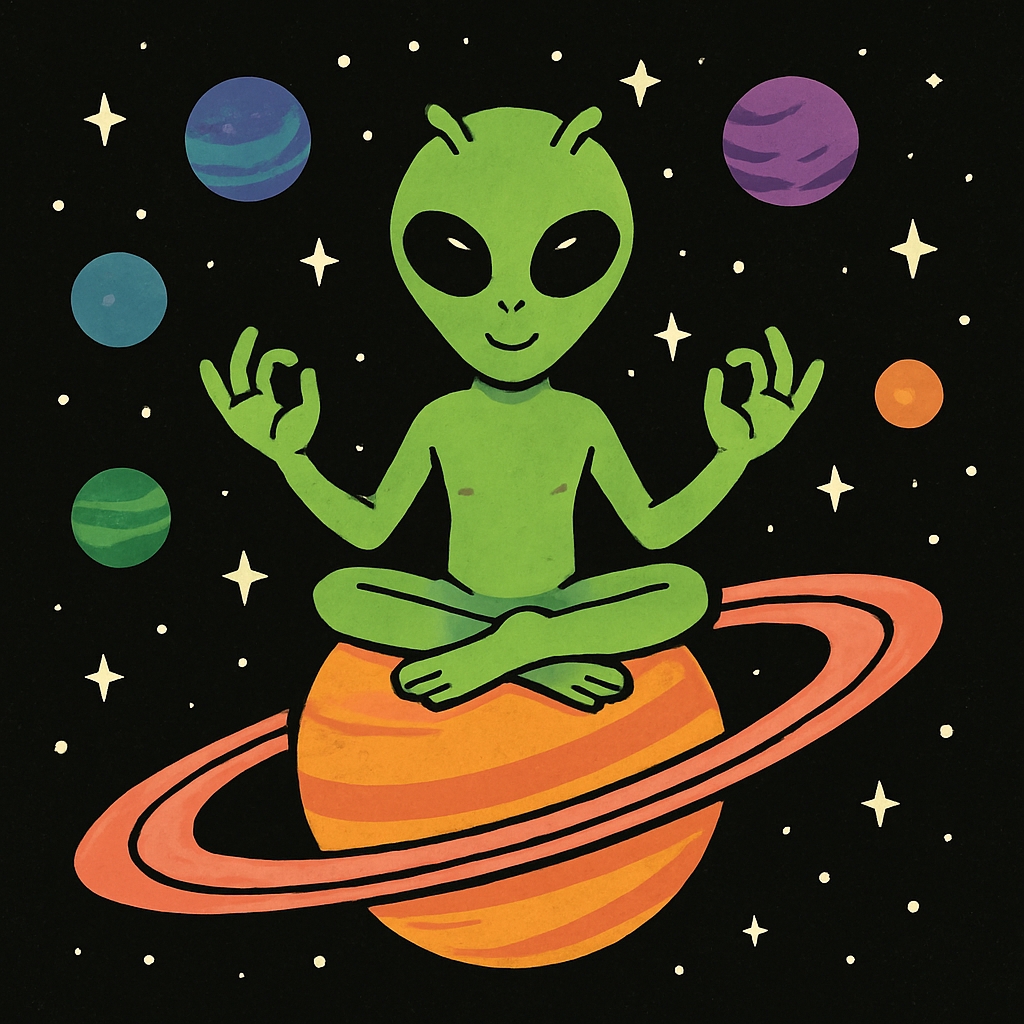 Playful Cartoon Alien Meditating on Orange Planet T-Shirt