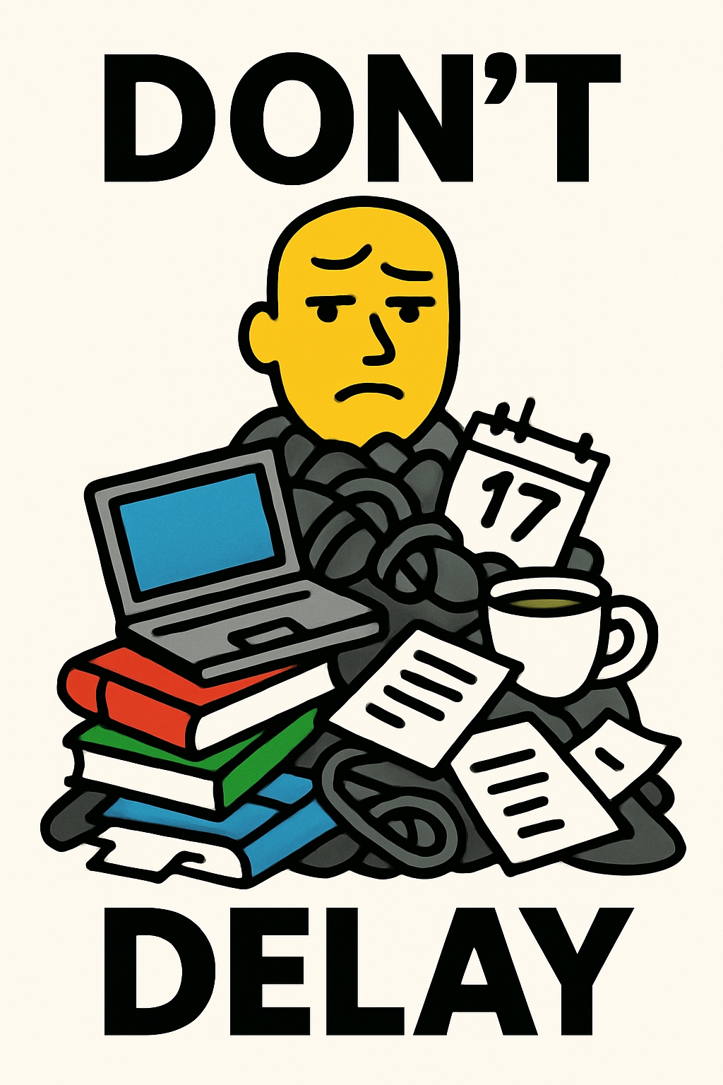 Humorous Cartoon Character Overwhelmed by Work Poster