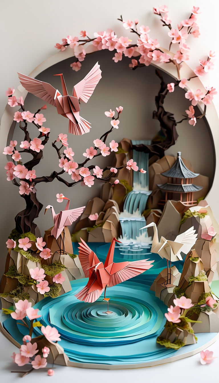 Whimsical Japanese Garden Paper Diorama Art Displaying Origami Cranes