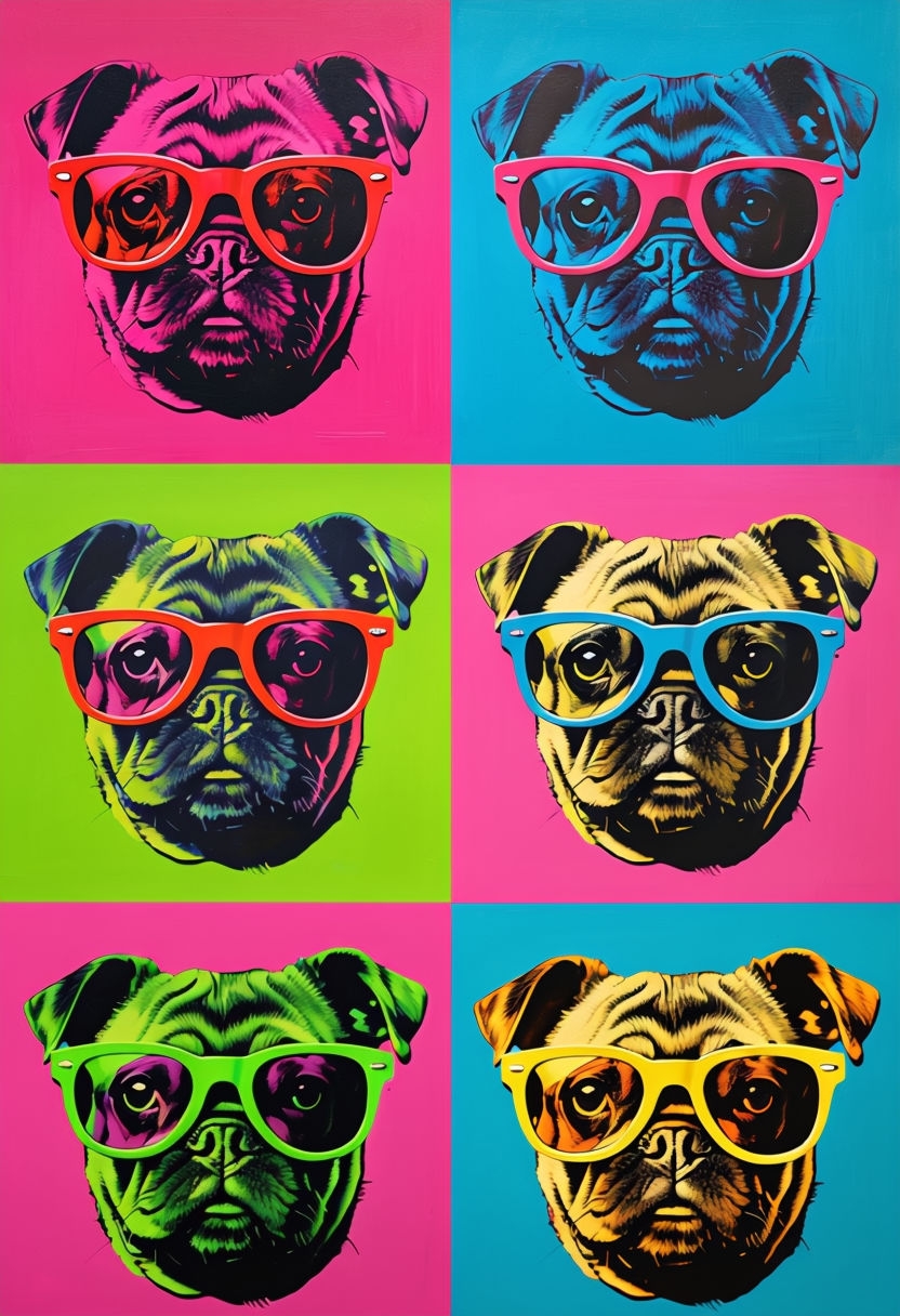 Vibrant Pug Dog Pop Art Oil Painting in Bold Colorful Squares Art