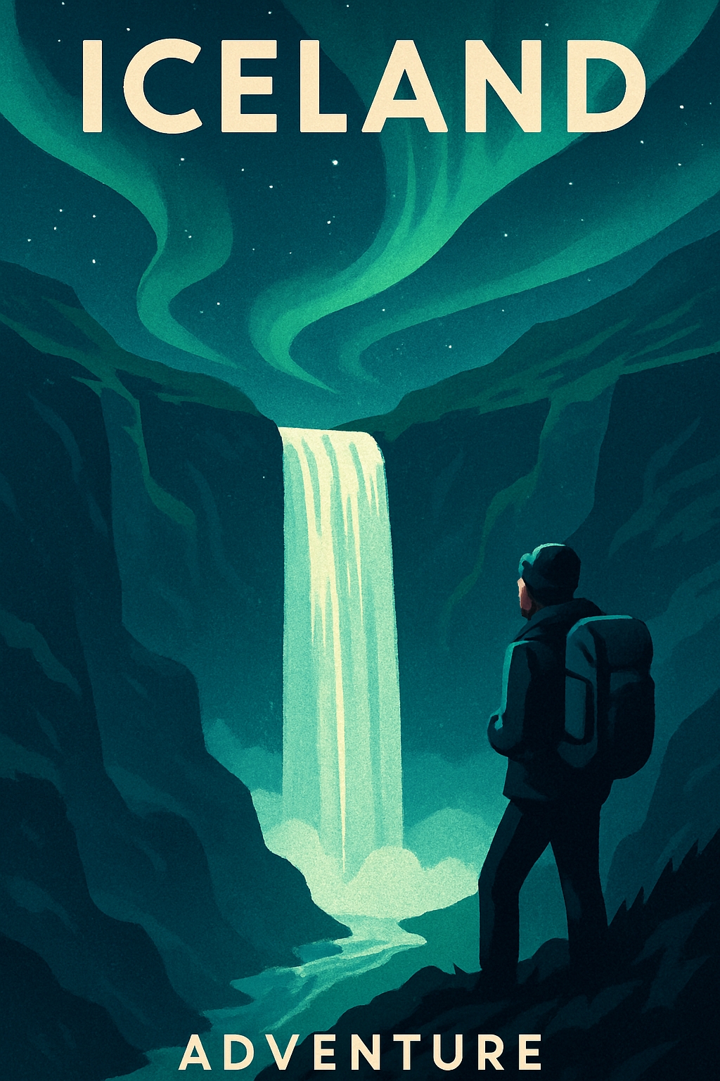 Adventurous Iceland Waterfall and Aurora Borealis Poster