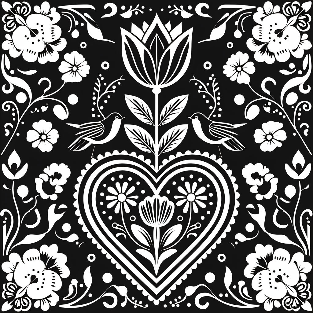 Elegant Black and White Folk Art Floral Heart Seamless Pattern