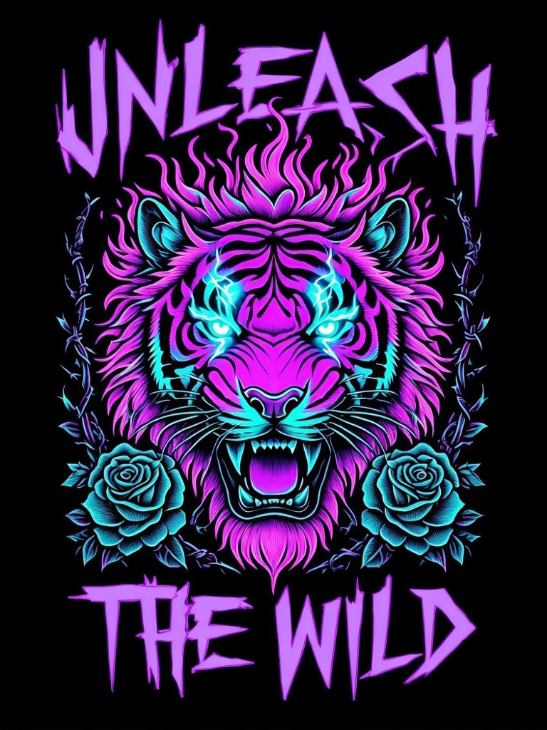 Roaring Neon Tiger with Electric Flames T-Shirt