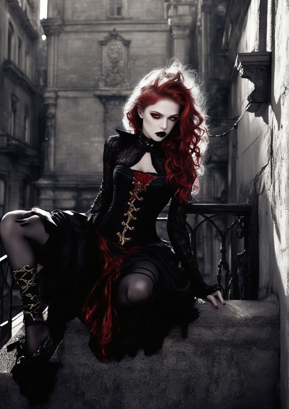 Red-eyed gothic girl with wavy tendrils of red hair swept by... by ...