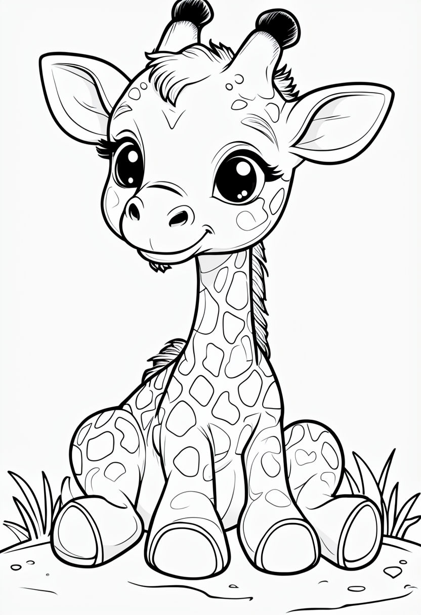 Cute Baby Giraffe Cartoon Coloring Book Page Illustration