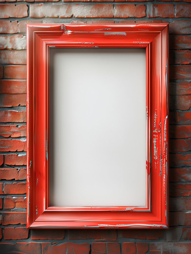 Photorealistic Red Wooden Frame Mockup Against Brick Wall Mockups