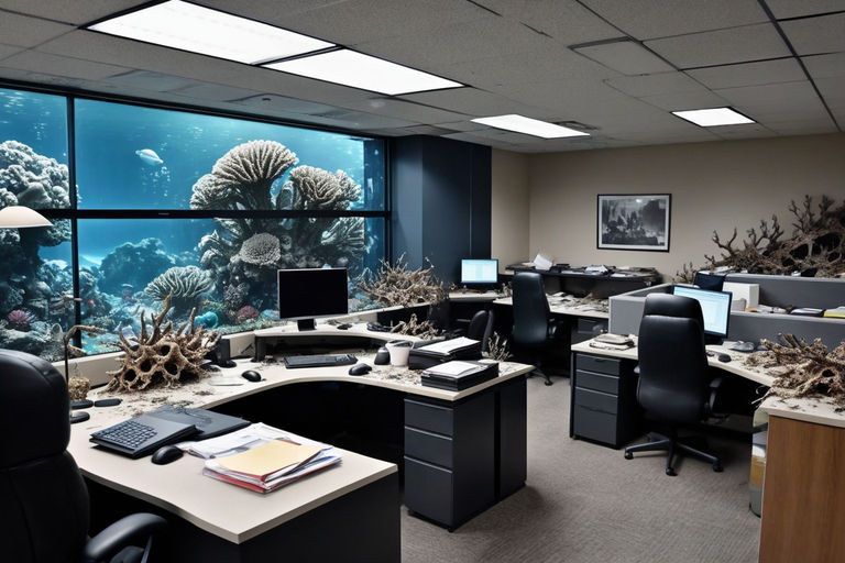 A filthy office from a horror movie with a huge aquarium wal... by Vera ...