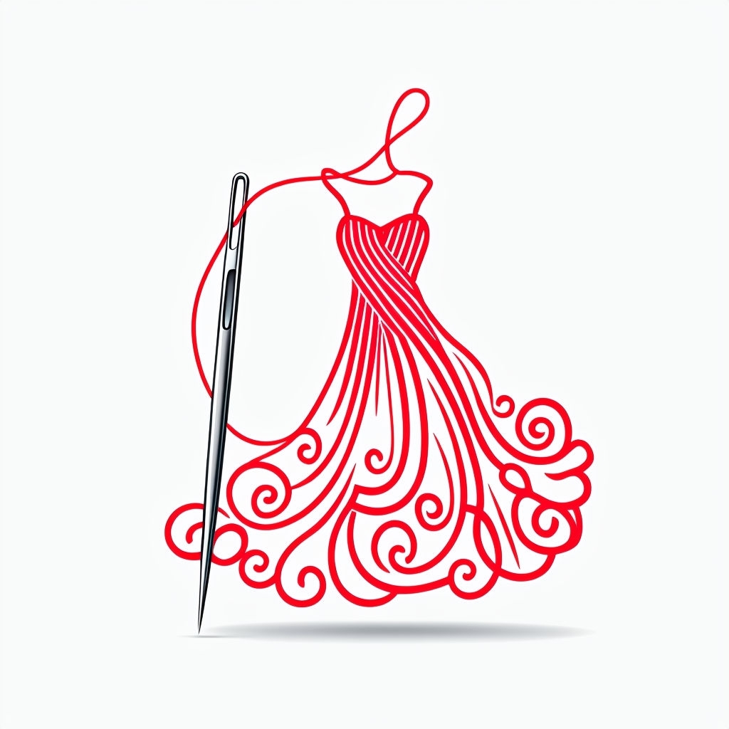 Elegant Red Thread Dress Illustration with Needle Art