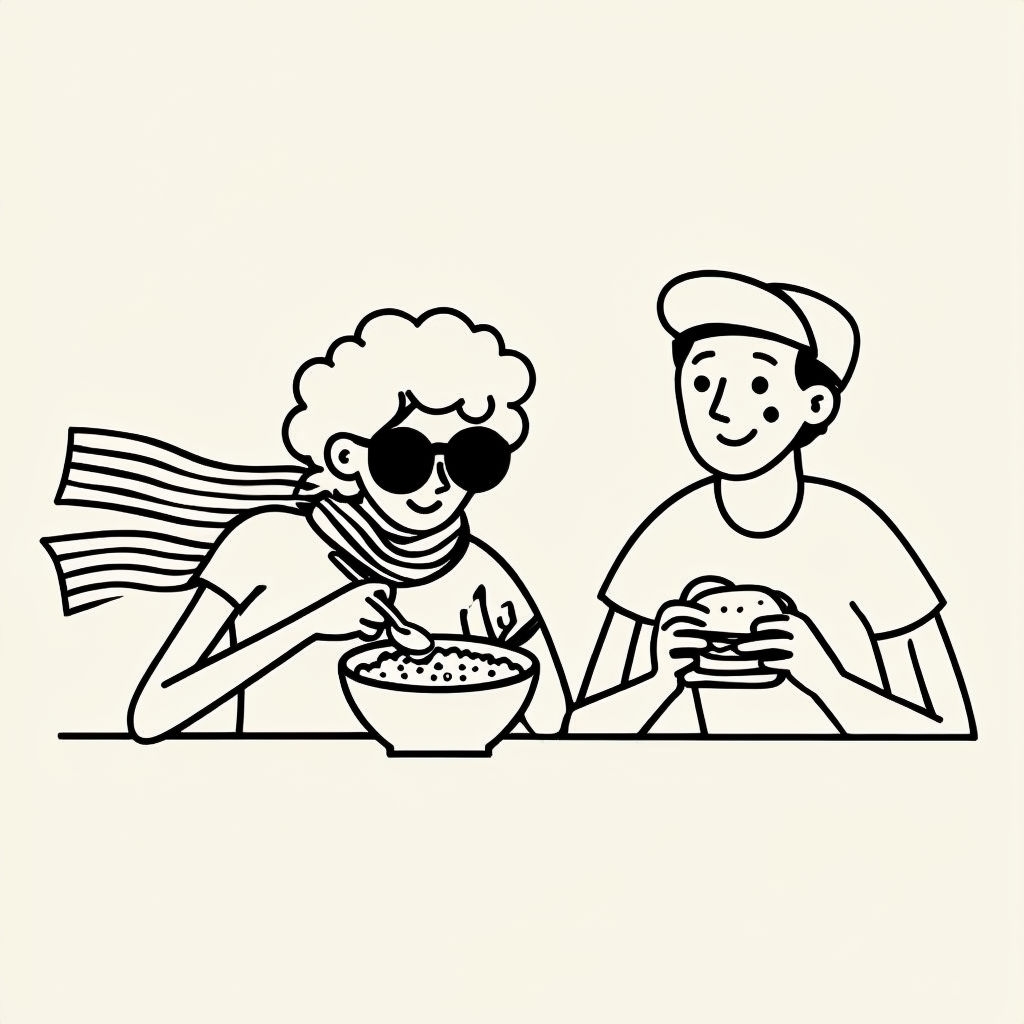 Minimalist Line Drawing of Characters at Table T-Shirt