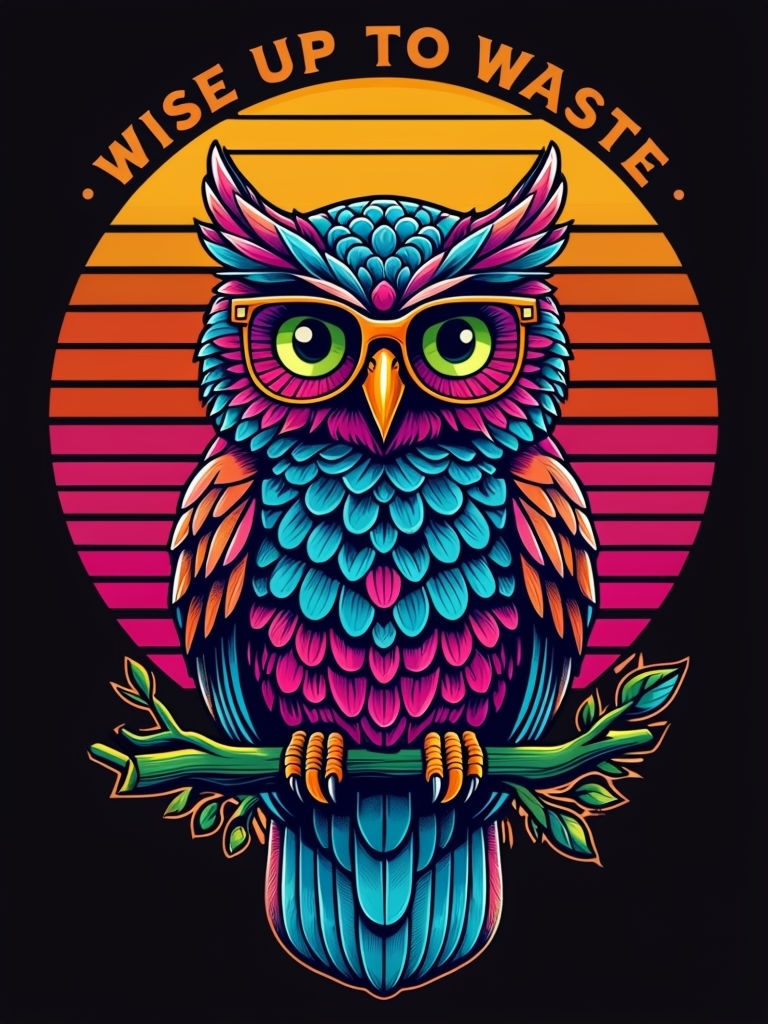 Colorful Cartoon Owl with WISE UP TO WASTE Text T-Shirt