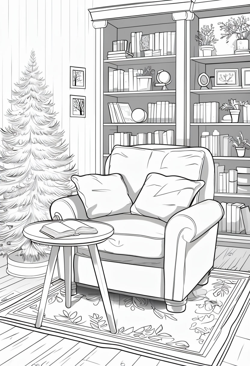 Cozy Reading Nook Line Drawing for Relaxation Coloring Book Pages