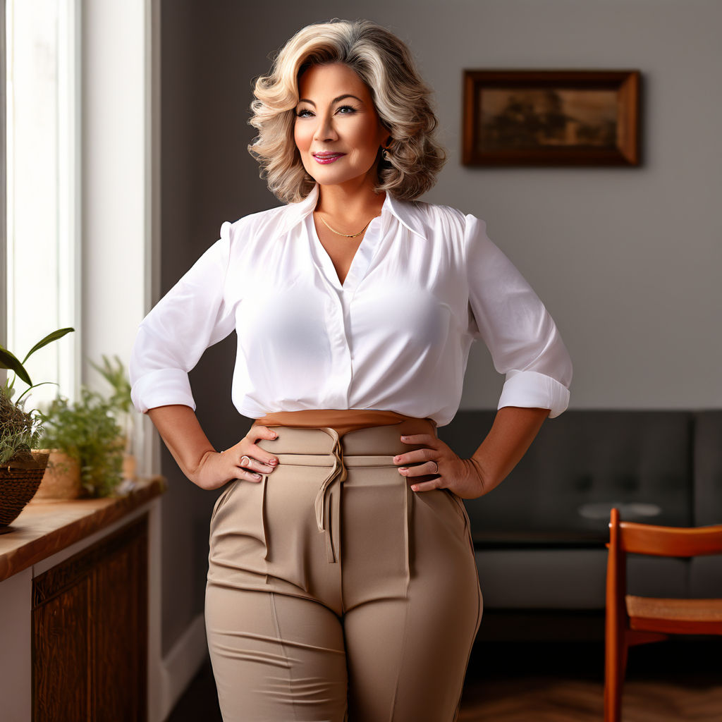 Mature full-figured matronly 1970s woman 65 years old in a tight beige  1970s style polyester shirt with full sleeves