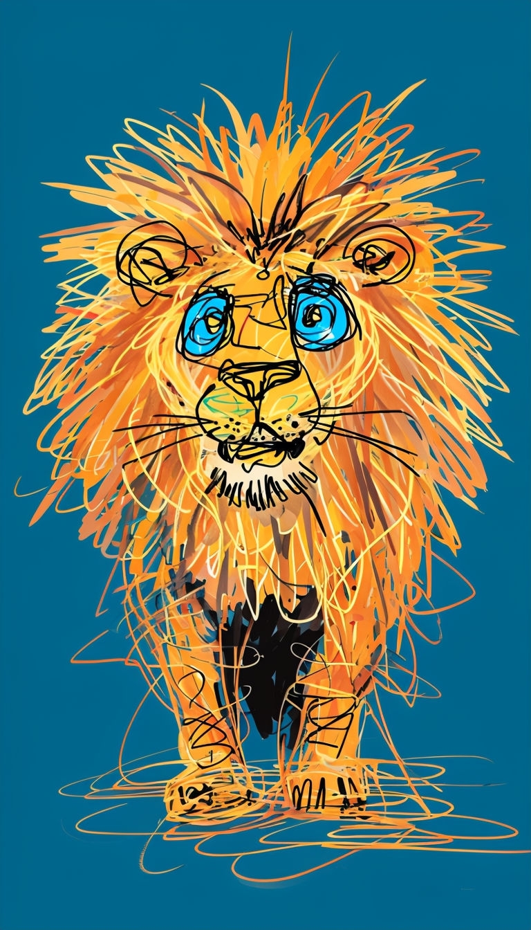 Vibrant Scribble Illustration of a Regal Fluffy Lion Art
