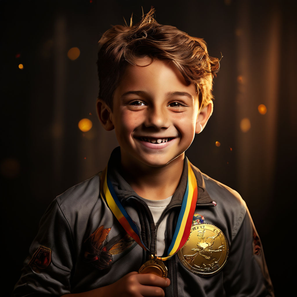 Draw a picture of a boy smiling brightly with a gold medal a... by ...