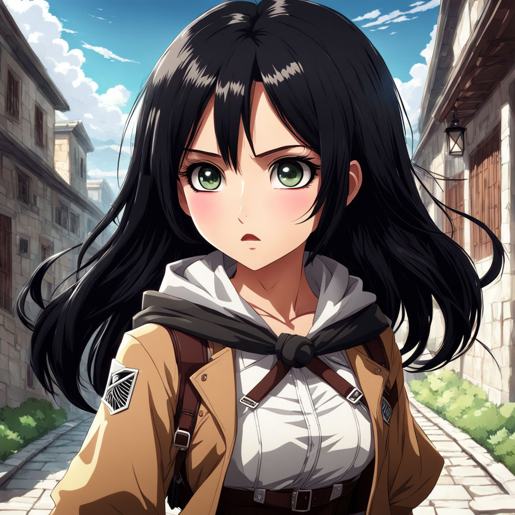 Attack on Titan art of giant female titan with long black hair and green  eyes. She has black fox ears on her head.