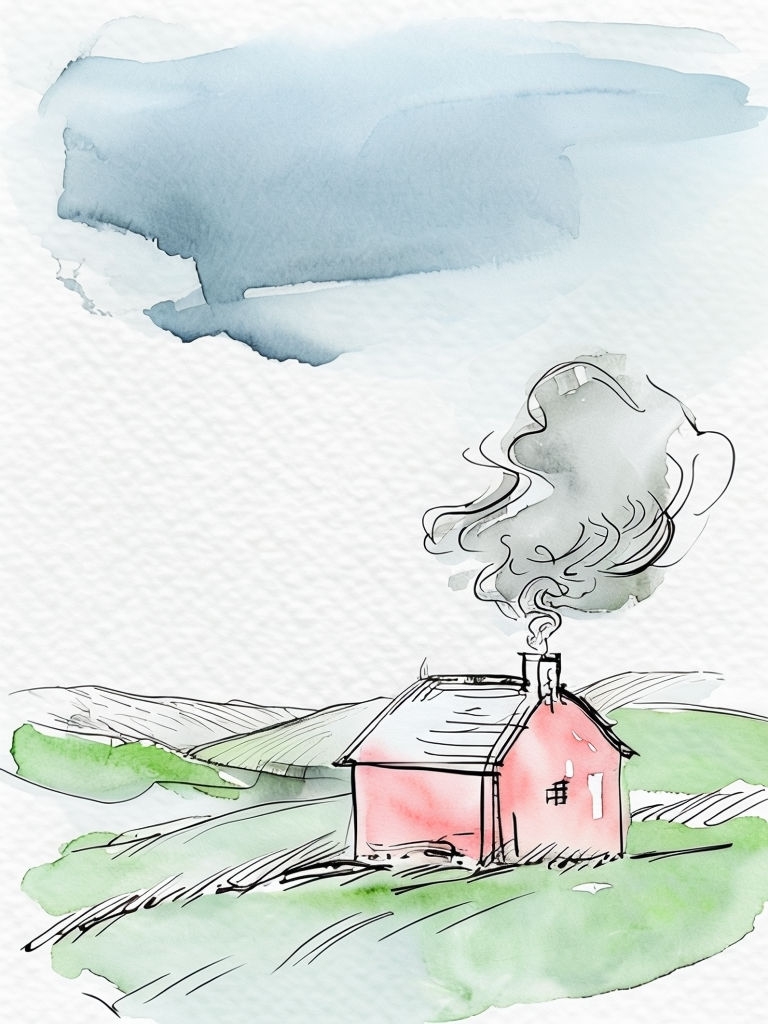 Tranquil Watercolor House Illustration in Peaceful Landscape Art