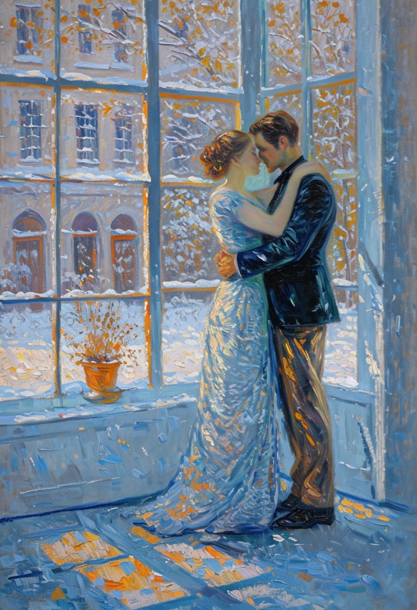 Intimate Embrace Impressionist Painting with Snowy Background Art