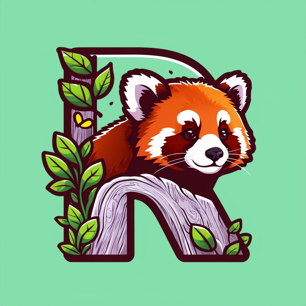 Whimsical Nature-Inspired Letter R with Red Panda Illustration Monogram