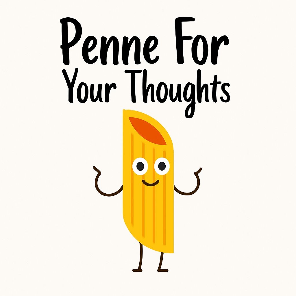 Cheerful Cartoon Penne Pasta Character with Playful Text Sticker