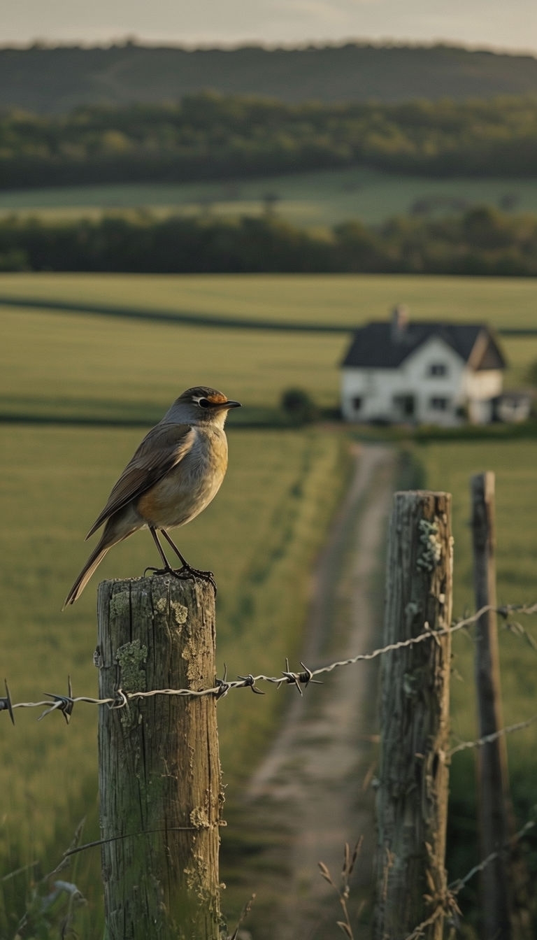 Serene Rural Landscape with Bird on Barbed Wire Mobile Wallpaper