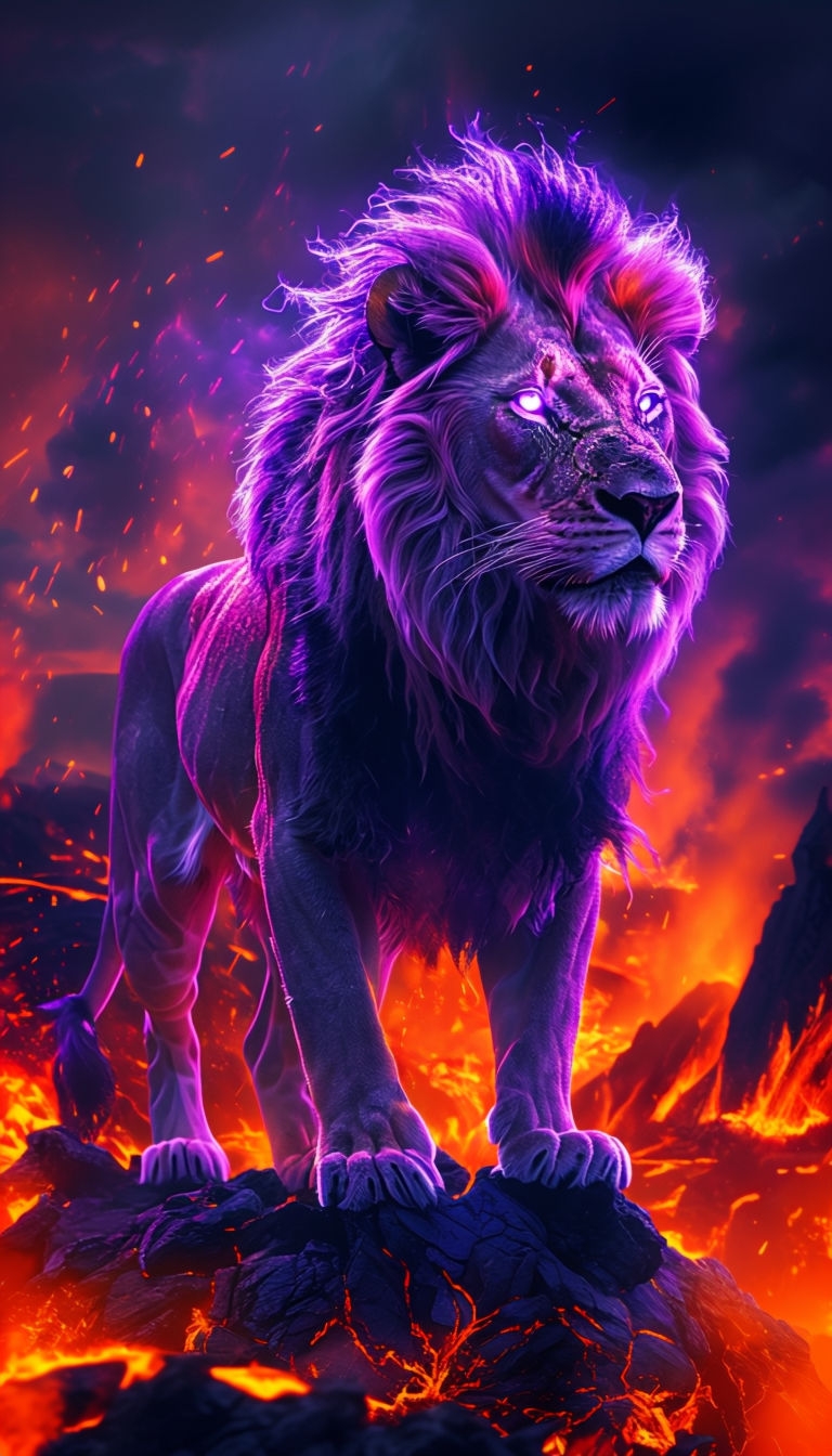 Majestic Neon Purple Lion Amidst Fiery Volcanic Landscape Mobile Wallpaper