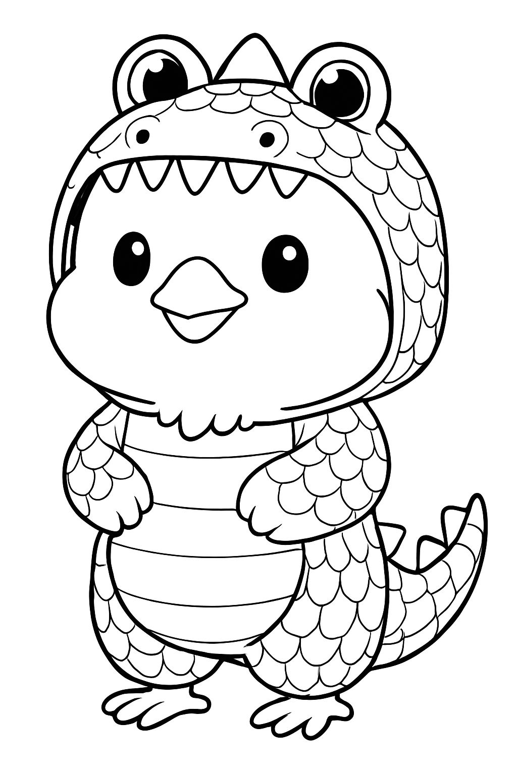 Cute Cartoon Bird in Alligator Costume Coloring Page