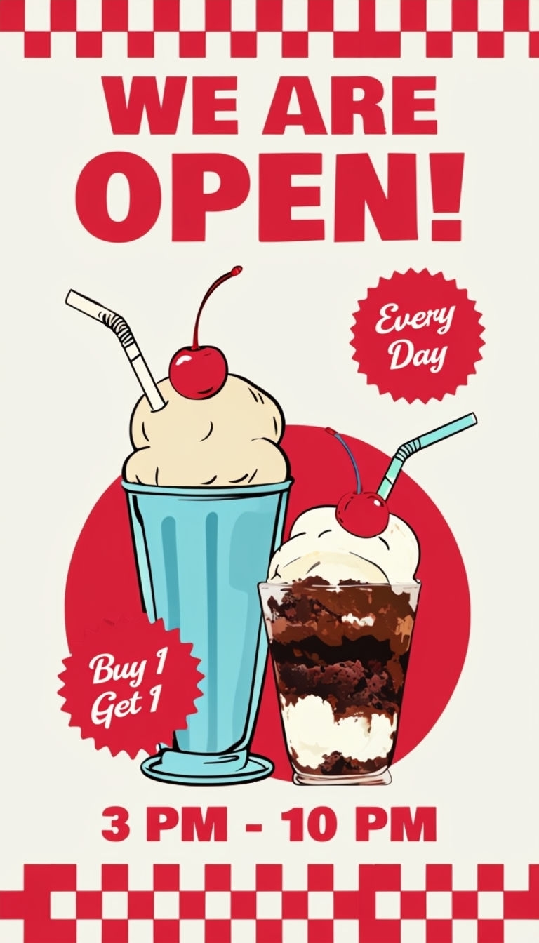 Retro Cartoon Shake Haven Promotional Poster for Delicious Desserts Ads