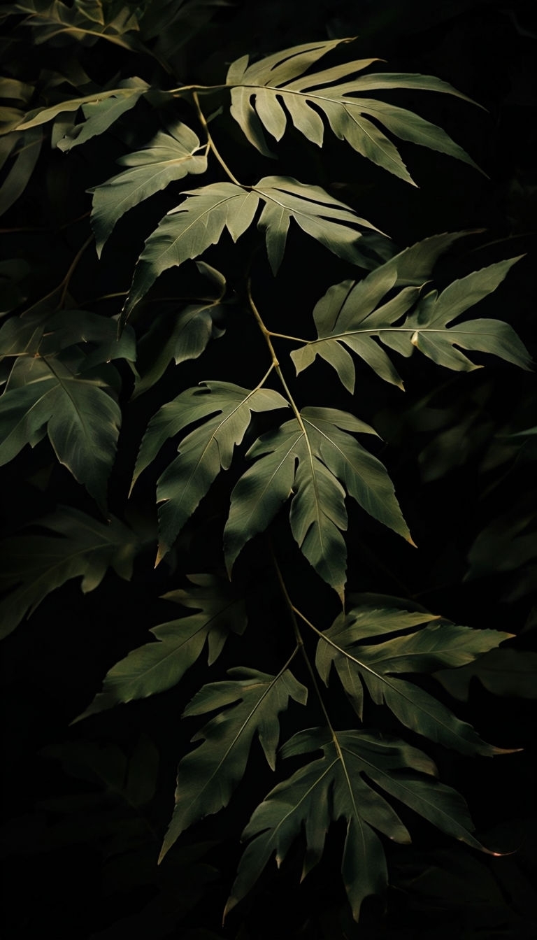 Dark Green Tropical Leaves on Black Background Mobile Wallpaper