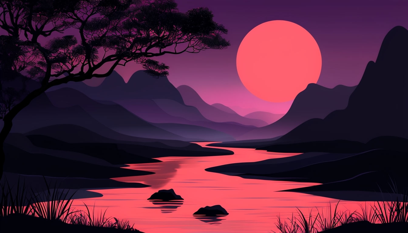 Tranquil Dusk Landscape with Reflective River and Silhouetted Trees Virtual Background