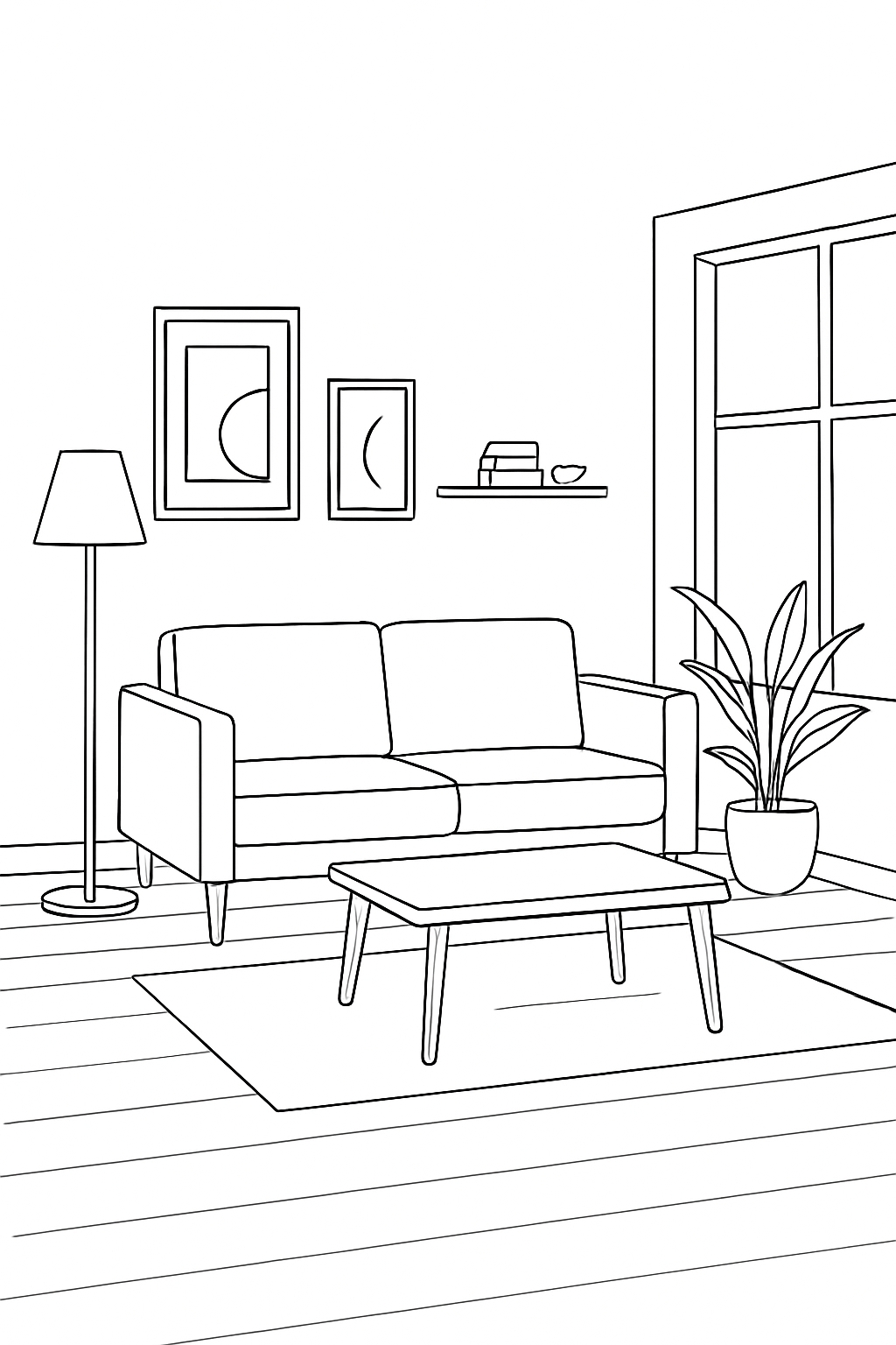 Minimalist Line Drawing of a Modern Living Room Corner Coloring Book Pages