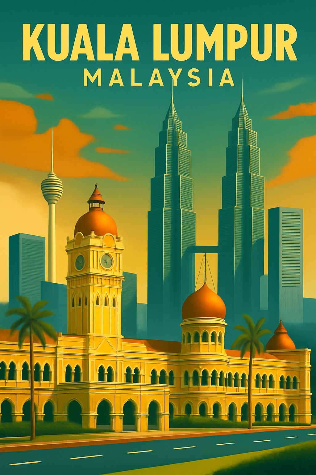 Vintage Kuala Lumpur Travel Poster Featuring Iconic Landmarks