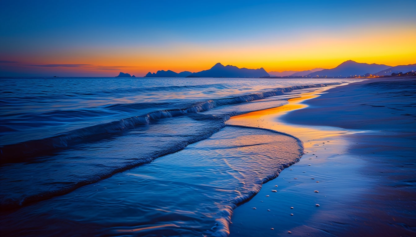 Serene Sunset Beach Scene with Gentle Waves Virtual Background