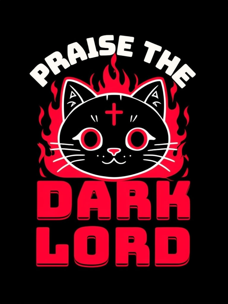 Cartoon Cat with Red Eyes and Dark Lord Text Sticker