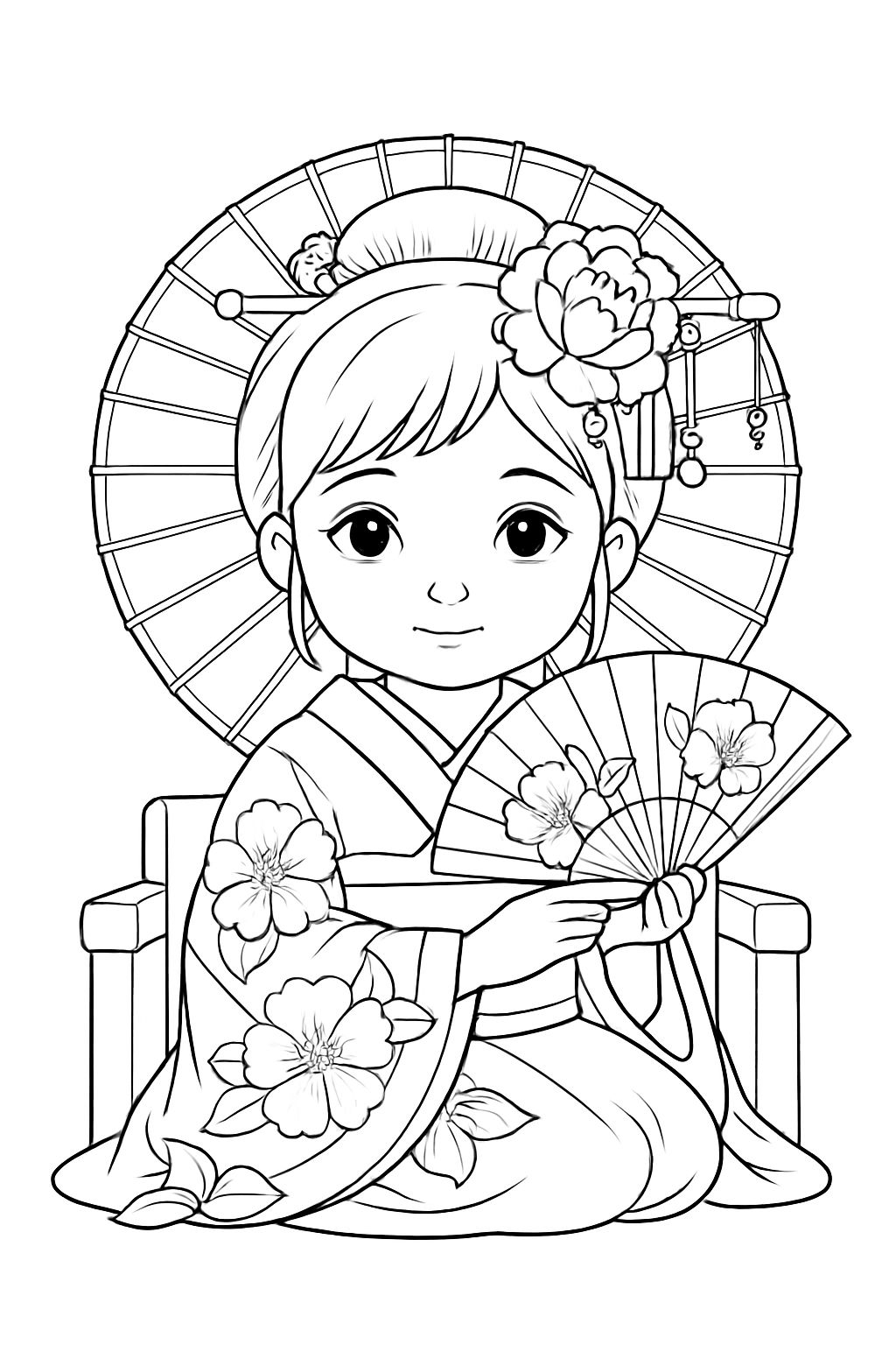 Traditional Japanese Child in Kimono Coloring Page