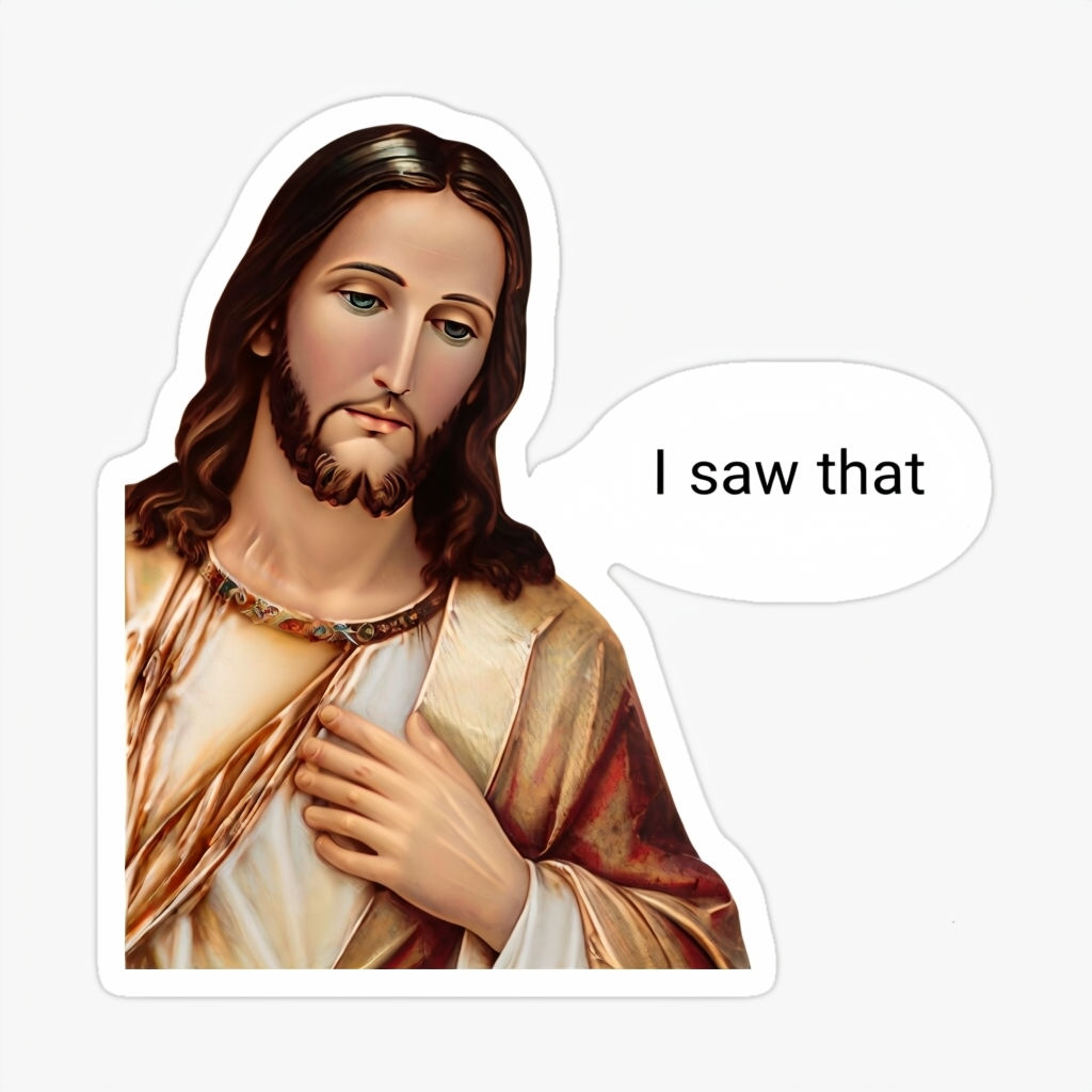 Stylized Jesus Christ Illustration with 'I Saw That' Text Sticker