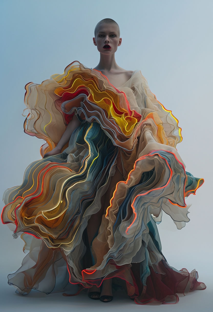 Ethereal Flowing Gown with Colorful Layers and Gradient Background Art